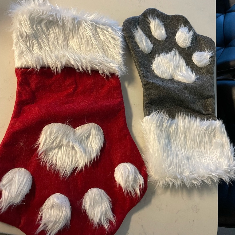 Set of holiday pet paw stockings
